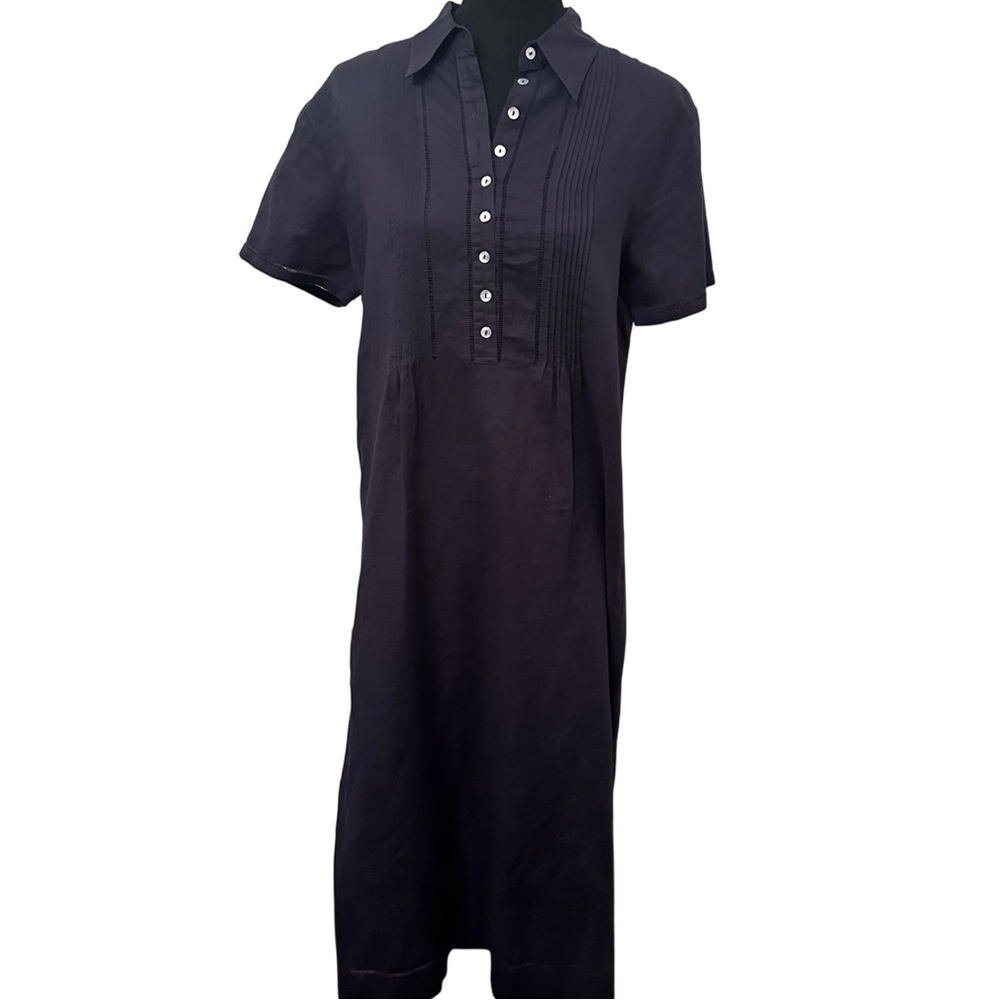 Chic Navy Blue Linen Cotton Button-Up Dress Maxi Vintage Sarah Chapman